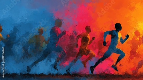 Vibrant marathon-themed runner banner featuring diverse people in dynamic running poses