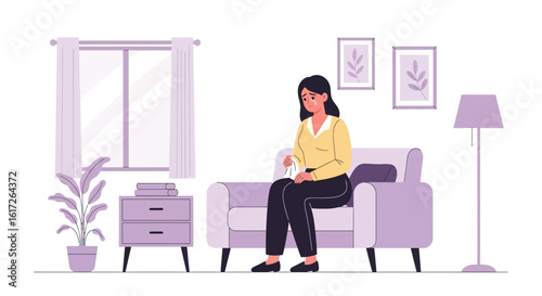 Woman Suffering From Depression Sitting Alone Feeling Sad And Crying At Home