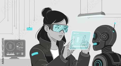 Woman using augmented reality to interact with a robot in a futuristic lab setting