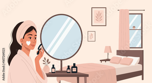 Woman Using Face Roller During Her Beauty Routine In Minimalist Bedroom