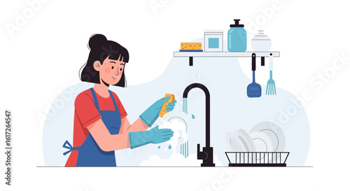 Woman Washing Dishes at Home in Kitchen Sink Illustration Design