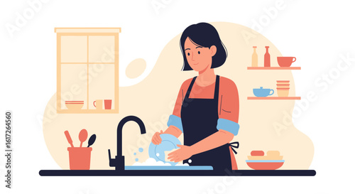 Woman Washing Dishes In A Bright Modern Kitchen With Utensils