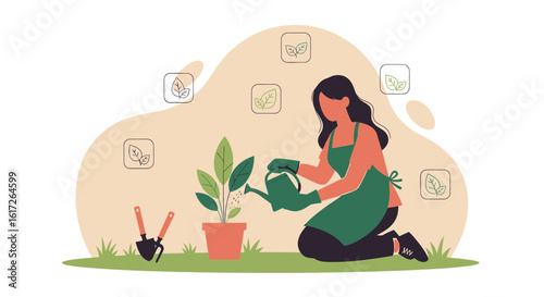 Woman Watering Plant In The Garden With Gardening Tools And Leaf Icons Around