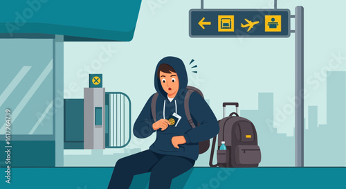 Worried Traveler Holding His Passport At The Airport Before The Flight