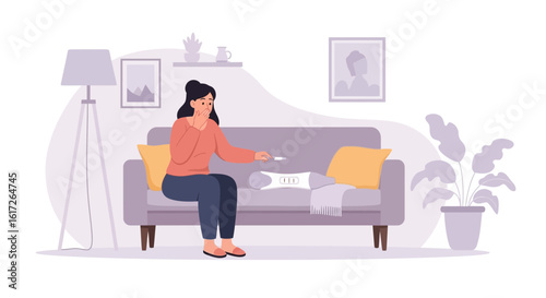 Worried Woman Looking at Pregnancy Test Result on Sofa at Home