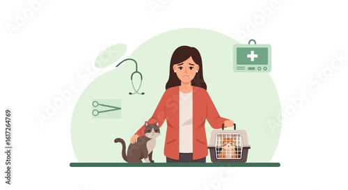 Worried Woman With Cat And Dog Visiting The Veterinarian Clinic