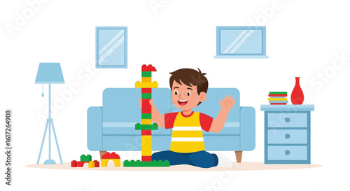 Young Boy Constructing Tower From Plastic Building Blocks At Home