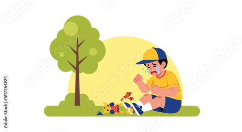 Young Boy Crying after His Toy Was Broken While Playing in the Park