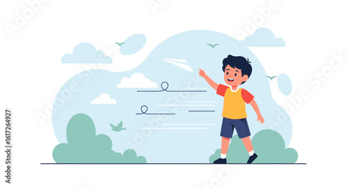 Young Boy Enjoying Outdoors Sending Paper Airplane into the Sky