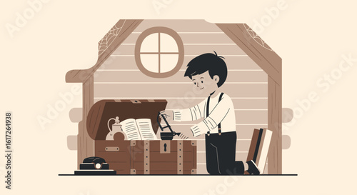 Young Boy Discovering Vintage Items Inside An Old Wooden Treasure Chest