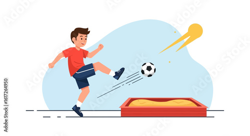 Young boy kicking a soccer ball near a sandbox in a playful and fun illustration style