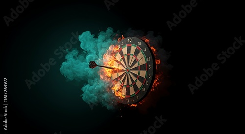 A dart hits the bullseye in a flaming dartboard.