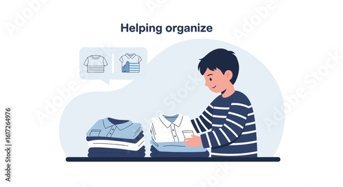 Young Boy Organizing Clothes Helping with Household Chores Vector Illustration