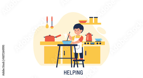 Young chef cooking food in the kitchen with enthusiasm and wearing an apron
