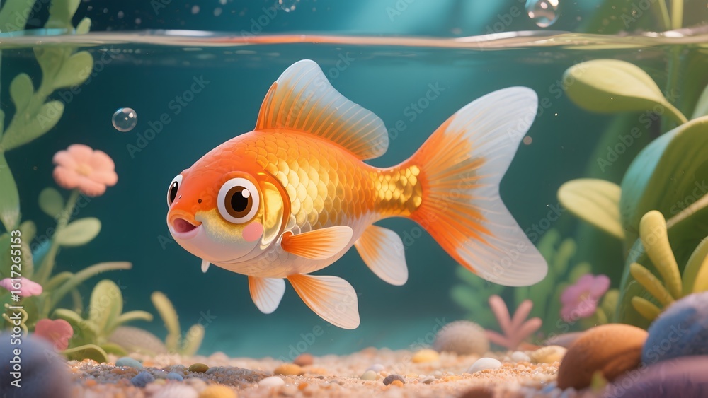 Naklejka premium goldfish in aquarium, Cute goldfish art print. Charming cartoon goldfish swimming in aquarium, perfect for nursery decor, kids' rooms. Ideal gift for pet lovers.