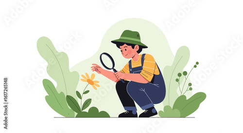 Young Explorer Discovers Nature’s Wonders with Magnifying Glass in Vibrant Garden