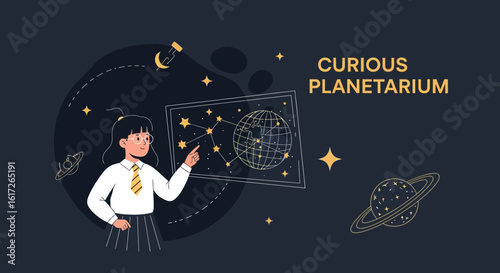 Young explorer girl in planetarium discovering constellations with cosmos illustration