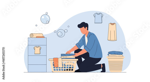 Young Man Doing Laundry And Preparing Clean Clothes At Home Interior