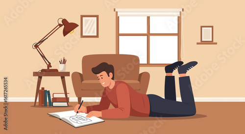 Young Man Lying On Floor While Drawing Design Concept In Living Room