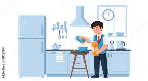 Young Man Prepares a Simple Breakfast In a Modern Kitchen Interior