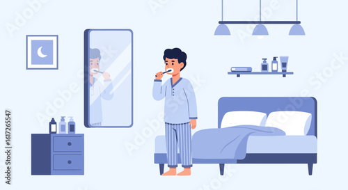 Young Man In Pajamas Brushing His Teeth Before Going To Sleep