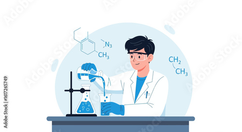 Young Scientist Working In A Laboratory And Doing Chemical Research Illustration