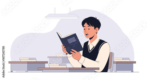 Young Student Deeply Absorbed While Reading Book In An Educational Setting
