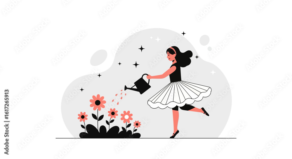 Fototapeta premium Young Woman Ballet Dancer Watering Garden Flowers With Can Illustration