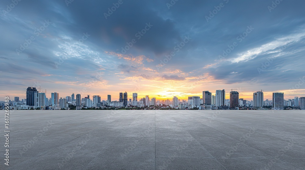 Obraz premium Panoramic sunset cityscape view from above: empty square concrete floor against urban skyline, vast minimalist space for advertising backdrop and product display