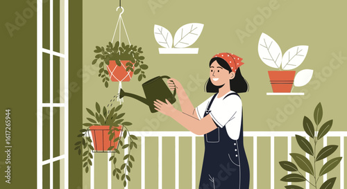 Young Woman Caring For Her Indoor Plants By Watering Them On Balcony