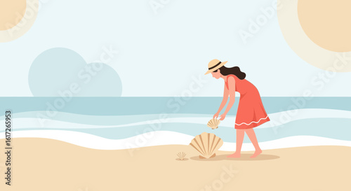Young Woman Collecting Seashells On A Tropical Beach During A Sunny Day
