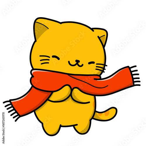 Vector illustration of a cartoon cat wearing a scarf in winter, used as icon or sticker, logo.