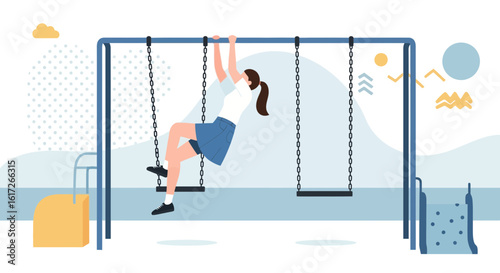 Young Woman Playfully Hanging on Chains in Playground on a Sunny Day