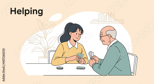Young Woman Playing Cards With An Elderly Man At Table Together