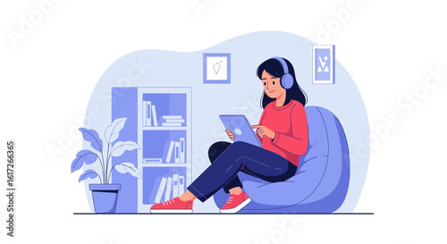 Young Woman Relaxes On The Beanbag Chair Listening To Music And Using Tablet