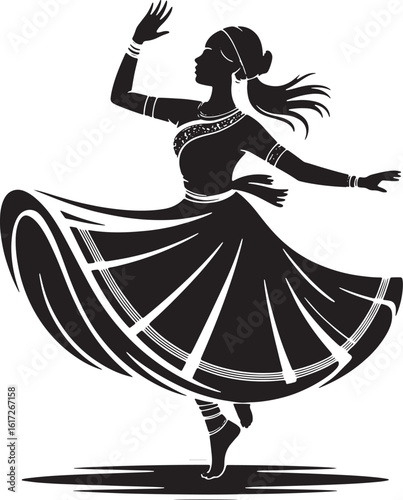 Black silhouette of a woman dancing gracefully with a flowing skirt traditional costume