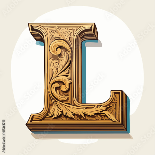 A detail letter L alphabet classic style, linocut and engraving illustration style
