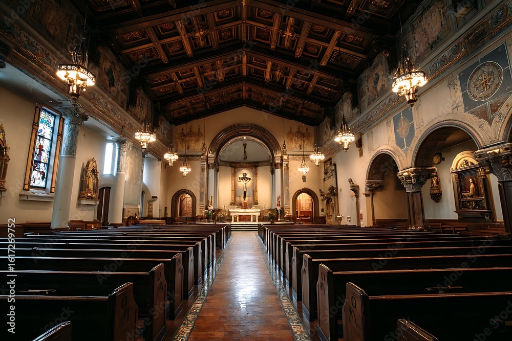 Fototapeta premium Tranquil interior of a traditional church, featuring wooden pews, stained glass, and architectural details