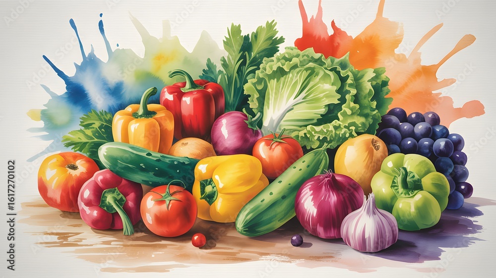 Watercolor painting of fresh fruits and vegetables with colorful splashes healthy eating Watercolor painting of fresh fruits and vegetables with colorful splashes healthy eating