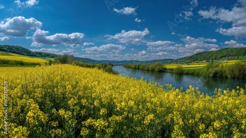 Vibrant Yellow Flower Field Along a Serene River Under a Blue Sky