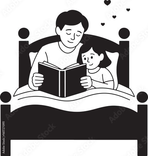 Father and child reading a book in bed vector