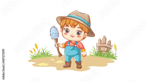 A cute little boy farmer in a hat holding a feather duster isolated on white background