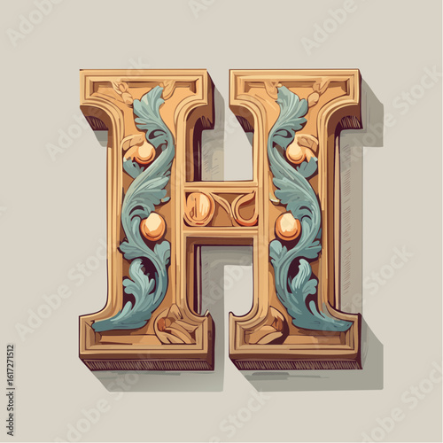 A detail letter H alphabet classic style, linocut and engraving illustration style