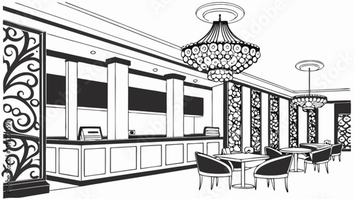 Elegant restaurant interior design featuring chandeliers, dining tables, and a reception desk in a grayscale sketch