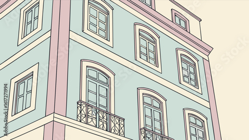 A handdrawn illustration of a vintage building facade with ornate details and pastel colors, showcasing classical architecture and retro design