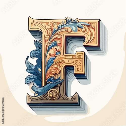 A detail letter F alphabet classic style, linocut and engraving illustration style
