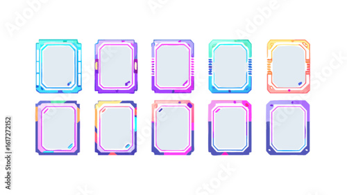 A set of ten colorful futuristic card frames with geometric designs, isolated on white background, ideal for modern and abstract graphic projects