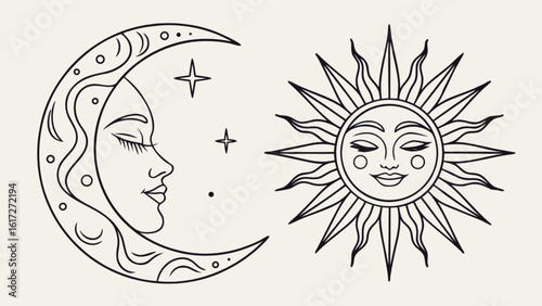 A celestial drawing of a crescent moon with a face and stars next to a sun with a face, creating a mystical and spiritual design