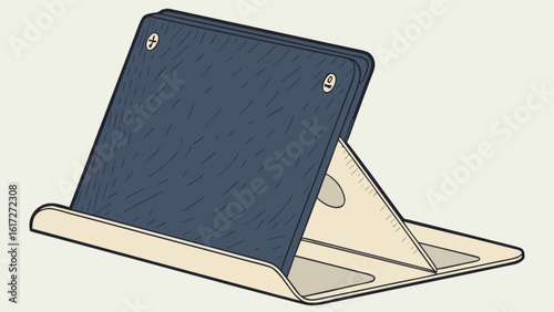 A blue tablet is displayed on a wooden stand isolated on white background