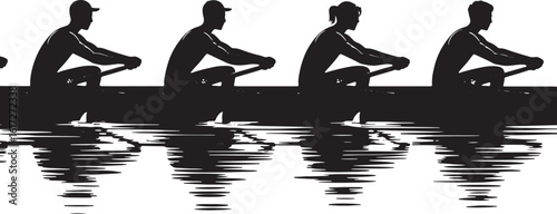 Four rowers in a boat rowing on water sport team